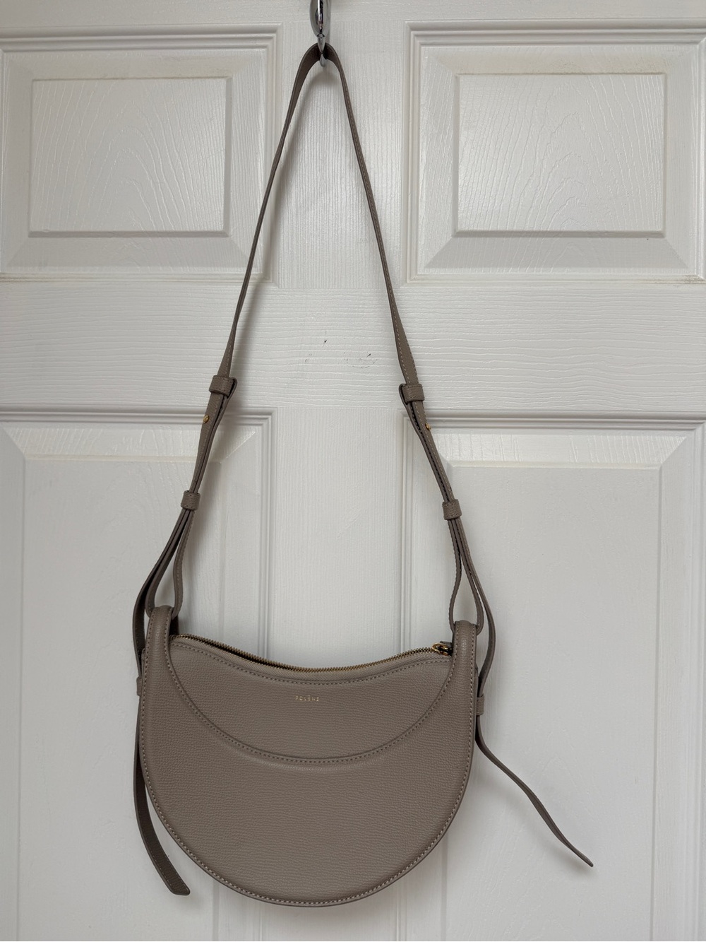 POLÈNE Numero Dix Taupe Pebbled Crescent Crossbody Zip, Dust Bag & Cards